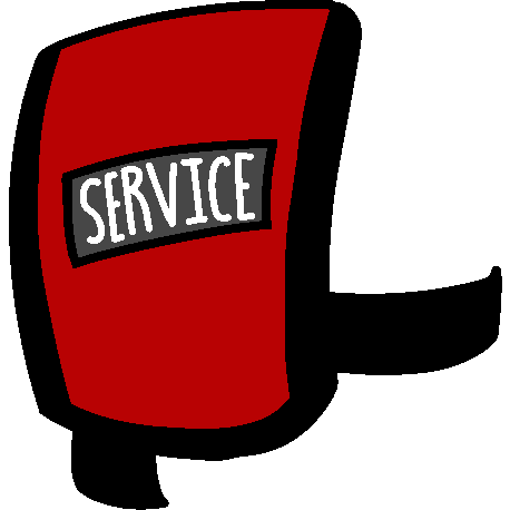 A red rectangular service dog vest, with a gray patch reading Service. It has black straps to go around the dog's chest and belly.